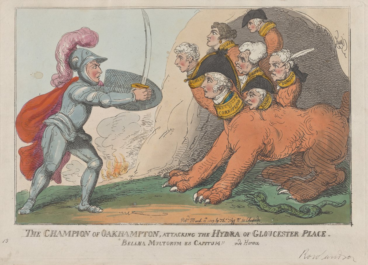 Oakhamptonin mestari, hyökkäämässä Gloucester Placen hydraa vastaan, 15. maaliskuuta 1809, 15. maaliskuuta 1809 tekijältä Thomas Rowlandson