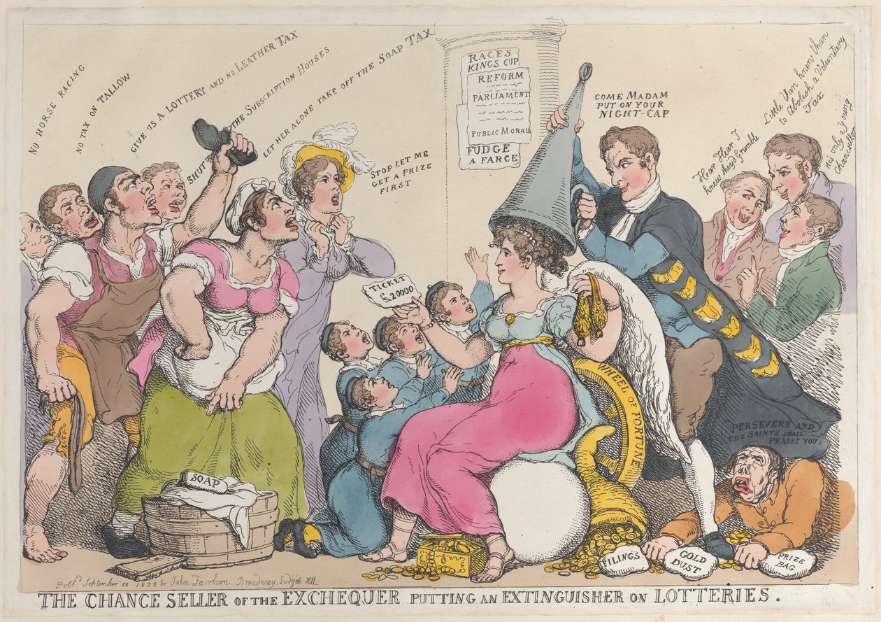 Valtionkassan satunnainen myyjä laittoi sammuttimen arpajaisiin, syyskuu..., 18. syyskuuta 1823. tekijältä Thomas Rowlandson