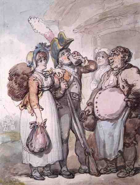 "Punaisen takin hurmaa" (kynä, akvarelli ja kynä paperille) tekijältä Thomas Rowlandson