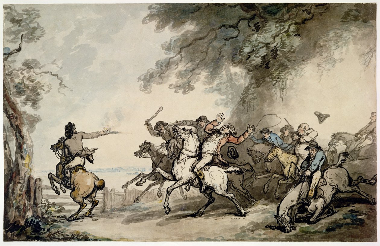 The Chase of the Highwayman, n. 1790 (kynä, muste, wc ja kynä paperille) tekijältä Thomas Rowlandson