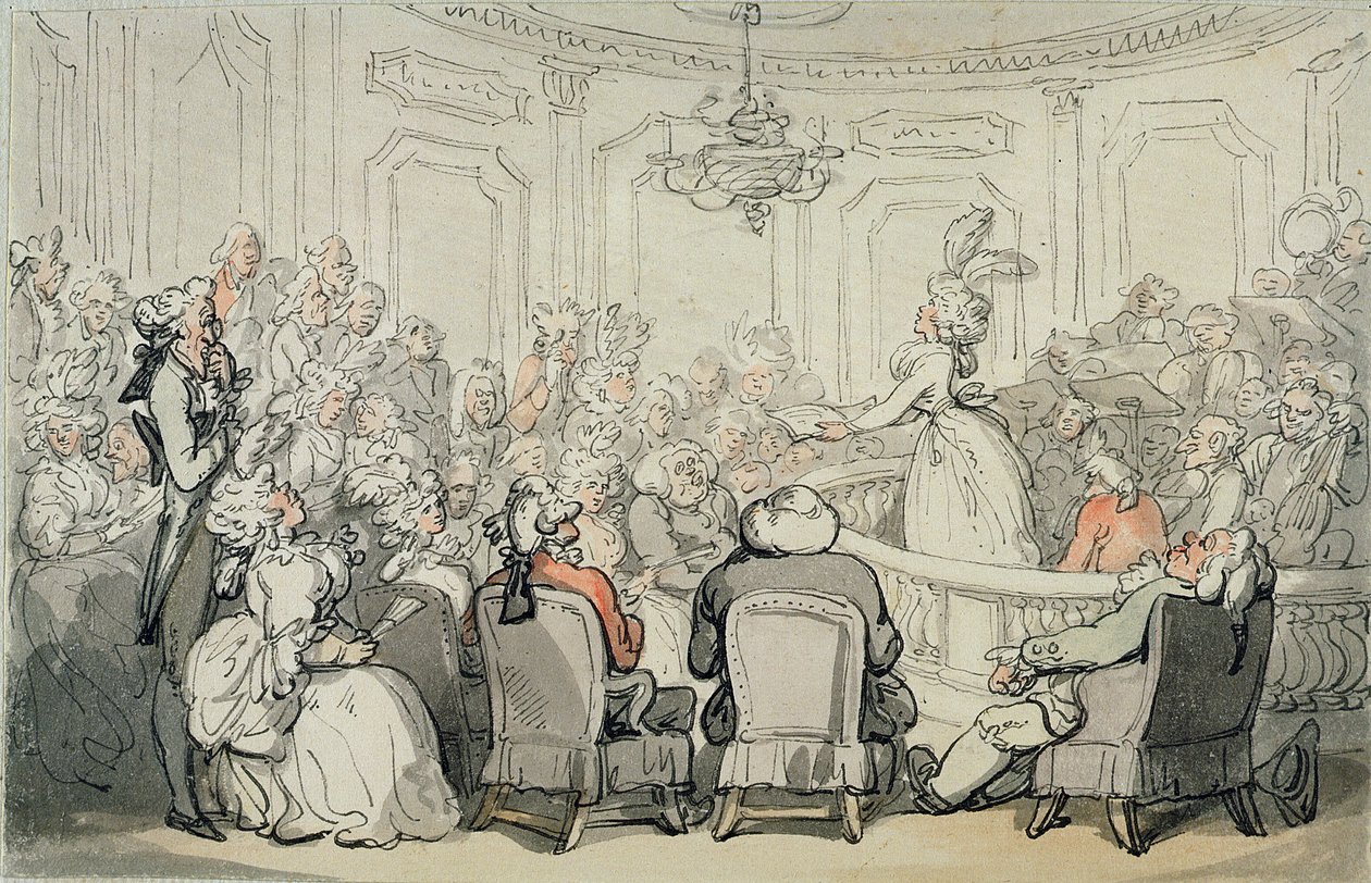 Konsertti, elokuvasta "Scenes at Bath", n. 1795-1800 (akvarelli, kynä ja muste telineeseen asetetulle paperille) tekijältä Thomas Rowlandson