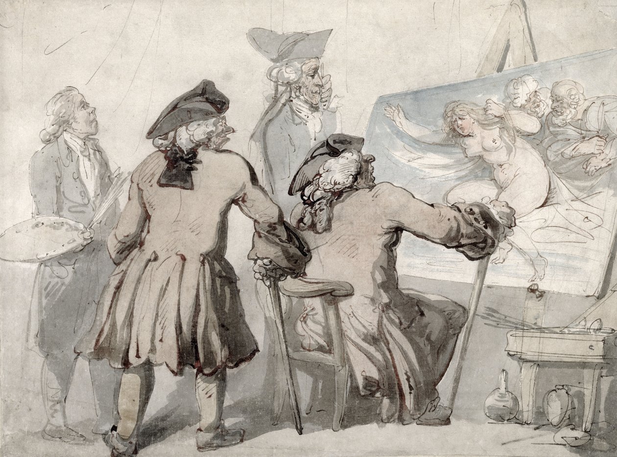 The Connoisseurs, n. 1790 (kynä, muste ja akvarelli grafiitilla kiinnitetylle kudospaperille) tekijältä Thomas Rowlandson