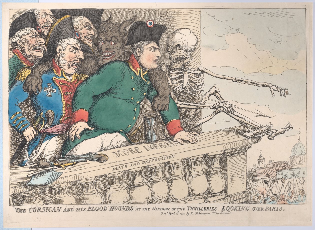 Korsikalainen ja hänen verikoiransa Thuilleriesin ikkunassa katselemassa P...:n yli, 16. huhtikuuta 1815. tekijältä Thomas Rowlandson