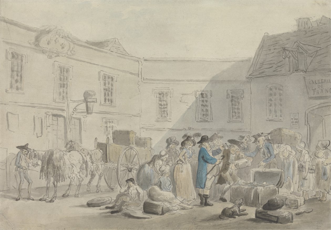Boulognen tullitalo - versio: Grafiittiluonnos hevosista, vaunuista ja rakennuksista (kynä ja muste ja w/c paperille) tekijältä Thomas Rowlandson