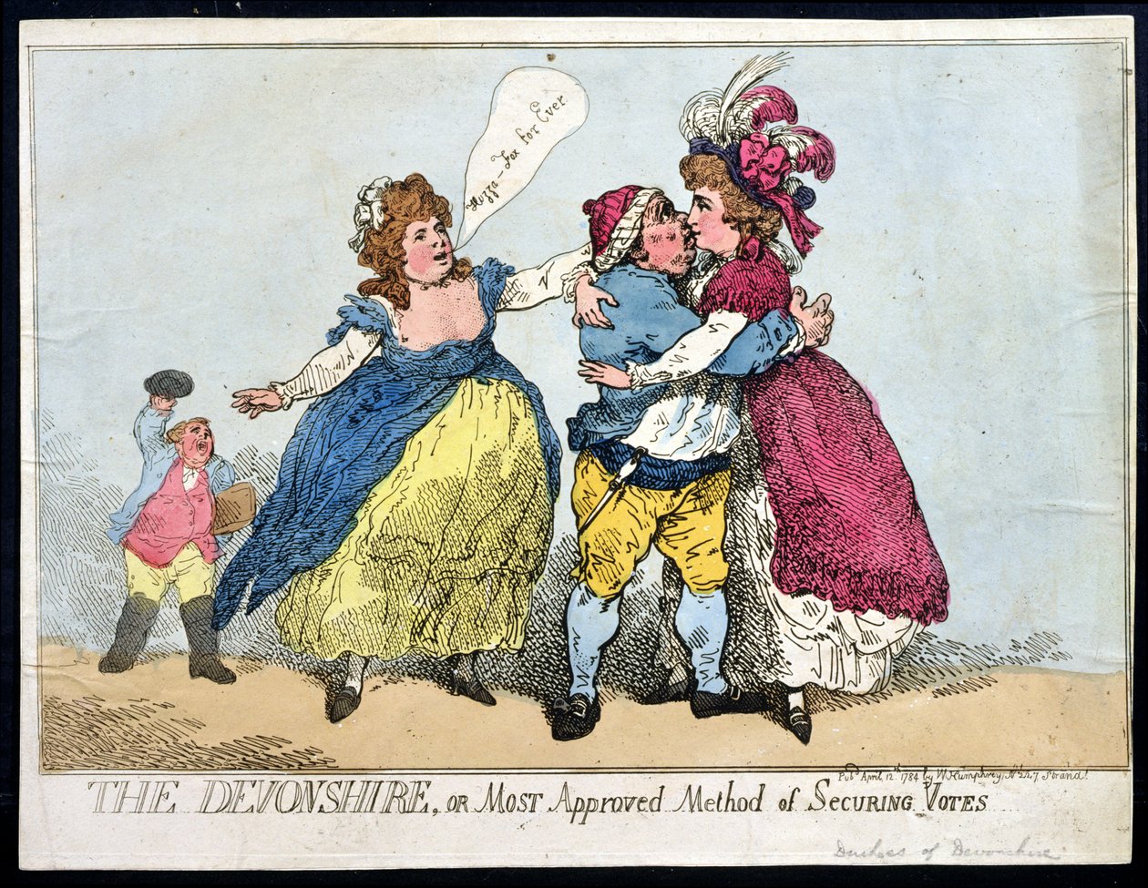 William Humphreyn vuonna 1784 julkaisema Devonshire eli suosituin menetelmä äänien hankkimiseksi (käsinvärinen etsaus) tekijältä Thomas Rowlandson