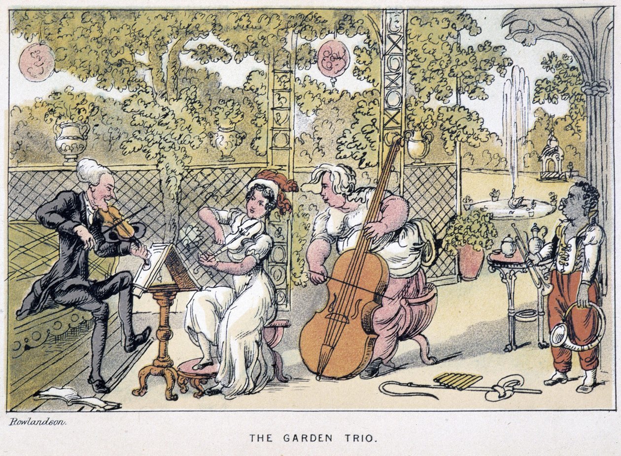 Viulua soittava tohtori: "" Puutarhatrio""" - "" Doctor Syntaxin kolmella kiertueella: maalauksellista lohtua ja vaimoa etsimässä" William Combe, ill. Rowlandson tekijältä Thomas Rowlandson