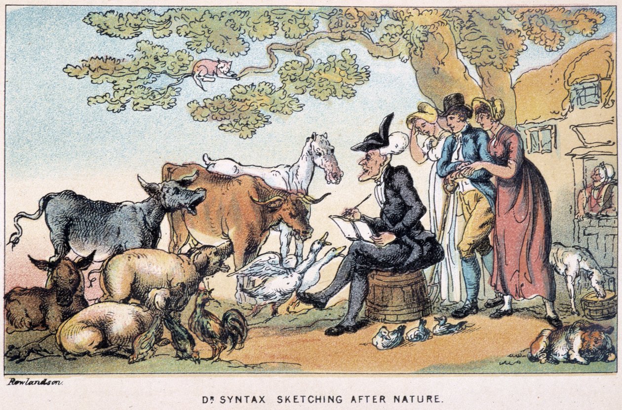 Tohtori ammentaa maatilaeläimiä luonnosta - "" Doctor Syntaxin kolmella kiertueella: viehättävää lohtua ja vaimoa etsimässä" William Combe, ill. Rowlandson tekijältä Thomas Rowlandson
