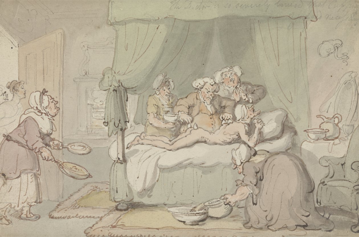 "Tohtori on niin pahasti mustelmilla, että kuppaus katsotaan tarpeelliseksi", n. 1810 (akvarelli kynällä ja musteella paperille) tekijältä Thomas Rowlandson