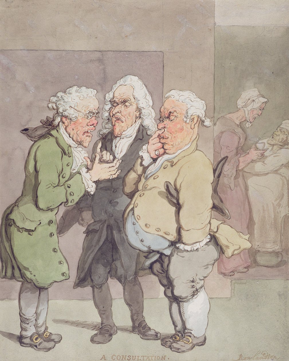 Lääkärin konsultaatio, 1815-1820 (kynä ja muste ja wc grafiitin päällä paperilla) tekijältä Thomas Rowlandson