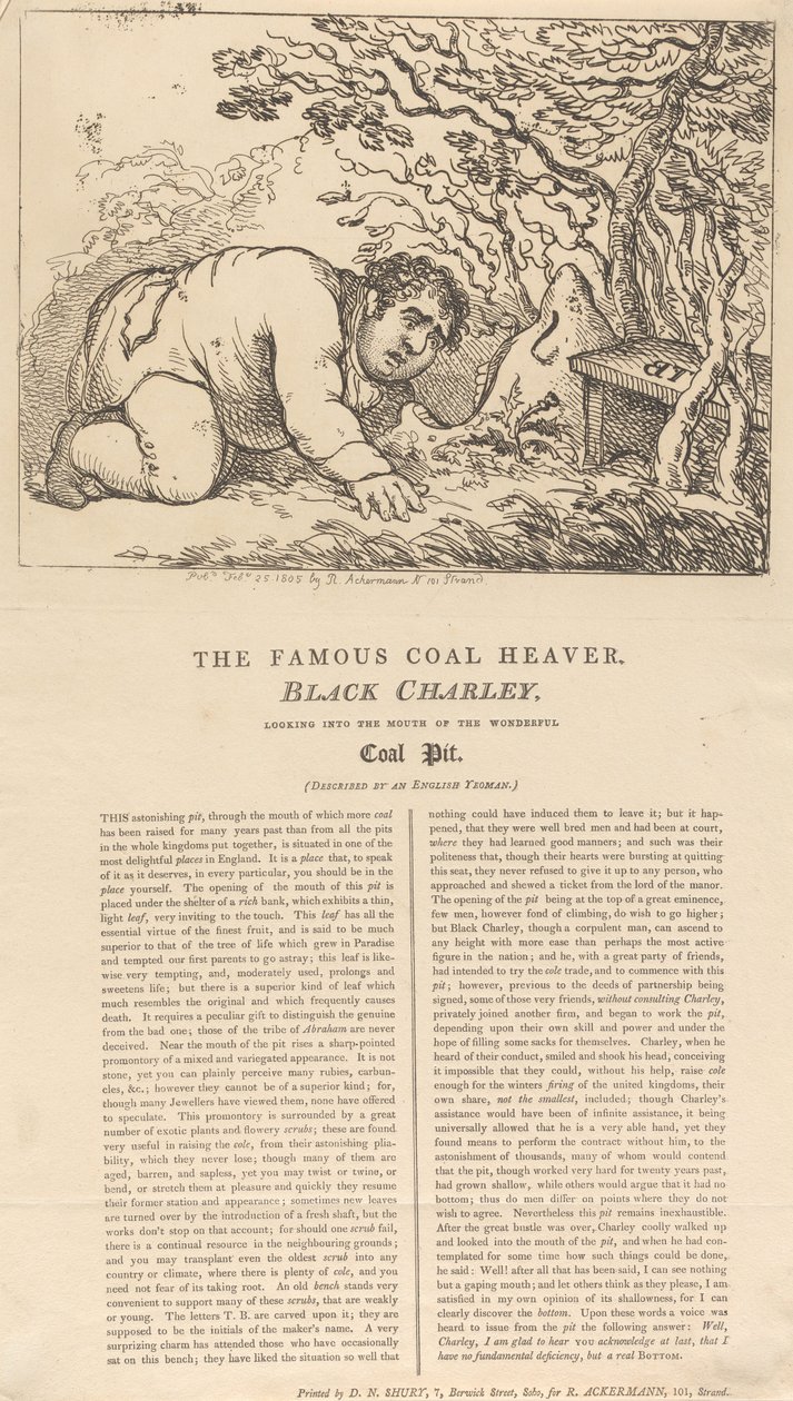 Kuuluisa musta hiilenkantaja, Black Charley, katselee upean hiilikaivoksen suuaukkoon tekijältä Thomas Rowlandson