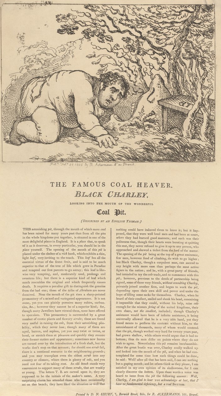 Kuuluisa mustan hiilen kantaja, Black Charley, katsomassa upean hiilikaivoksen suuaukkoon tekijältä Thomas Rowlandson