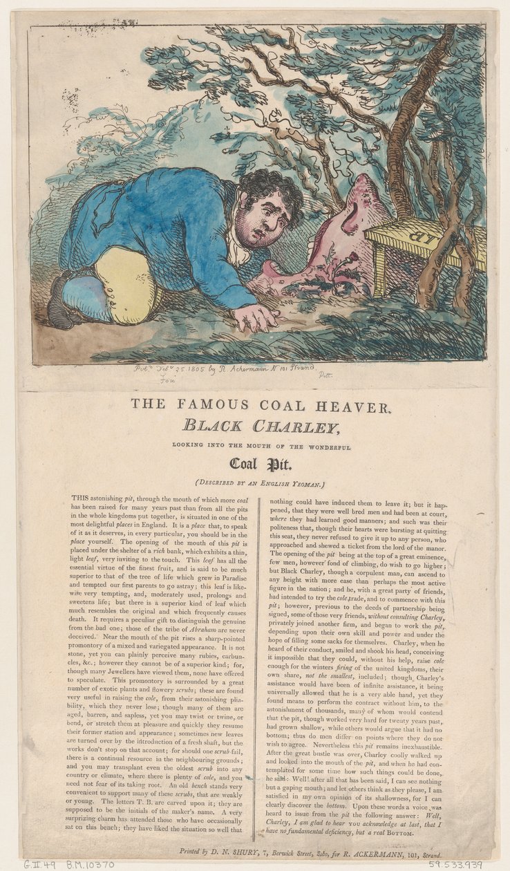 Kuuluisa hiilenheittäjä musta Charley katselee ihmeiden suuhun..., 25. helmikuuta 1805. tekijältä Thomas Rowlandson