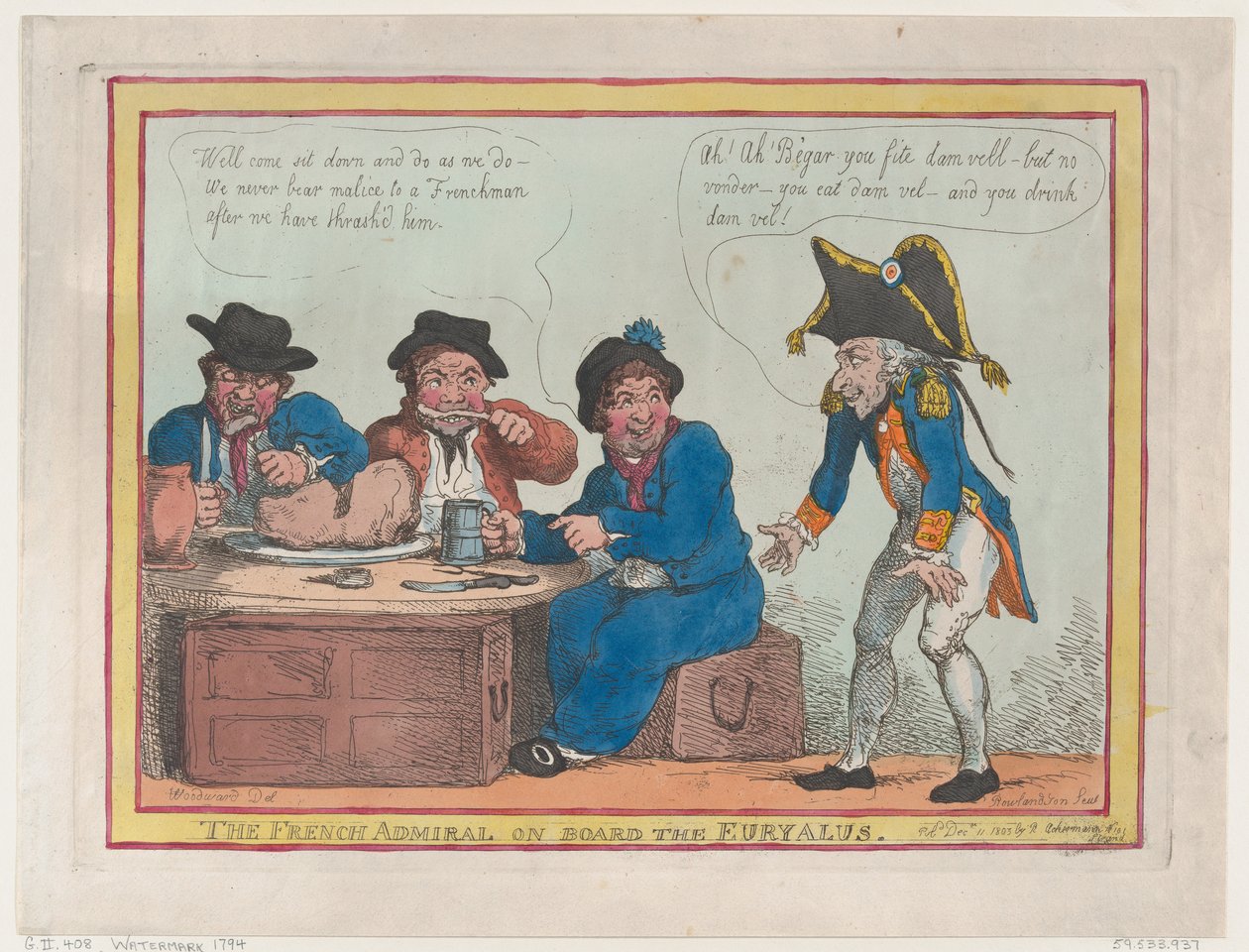 Ranskalainen amiraali Euryalus-aluksella 11. joulukuuta 1803, 11. joulukuuta 1803. tekijältä Thomas Rowlandson