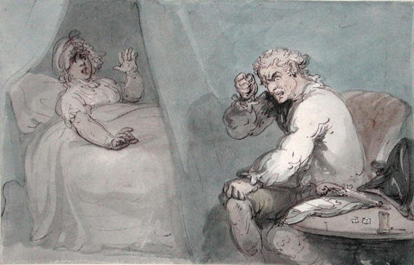 Pelimies menee nukkumaan (akvarelli kynällä ja musteella paperille) tekijältä Thomas Rowlandson