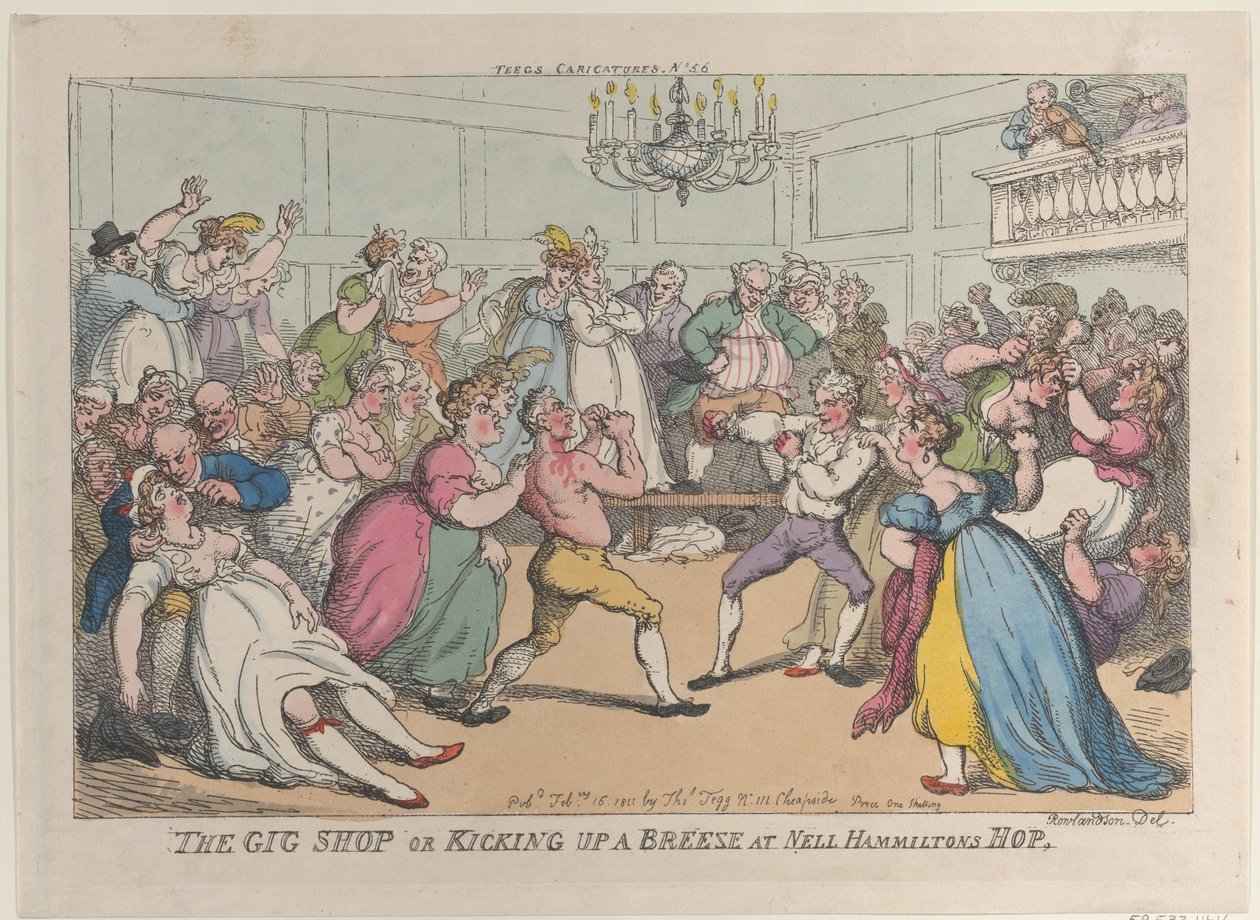 The Gig Shop tai Kicking Up a Breeze Nell Hammiltons Hopissa, 16. helmikuuta 1811, 16. helmikuuta 1811. tekijältä Thomas Rowlandson