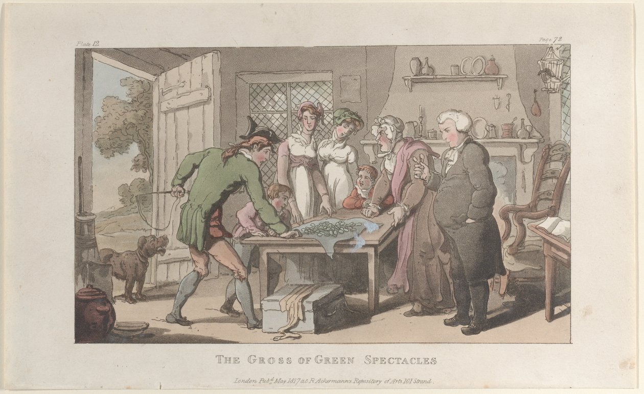 The Gross of Green Spectacles, teoksesta The Vicar of Wakefield, toukokuu 1817, toukokuu 1817. tekijältä Thomas Rowlandson