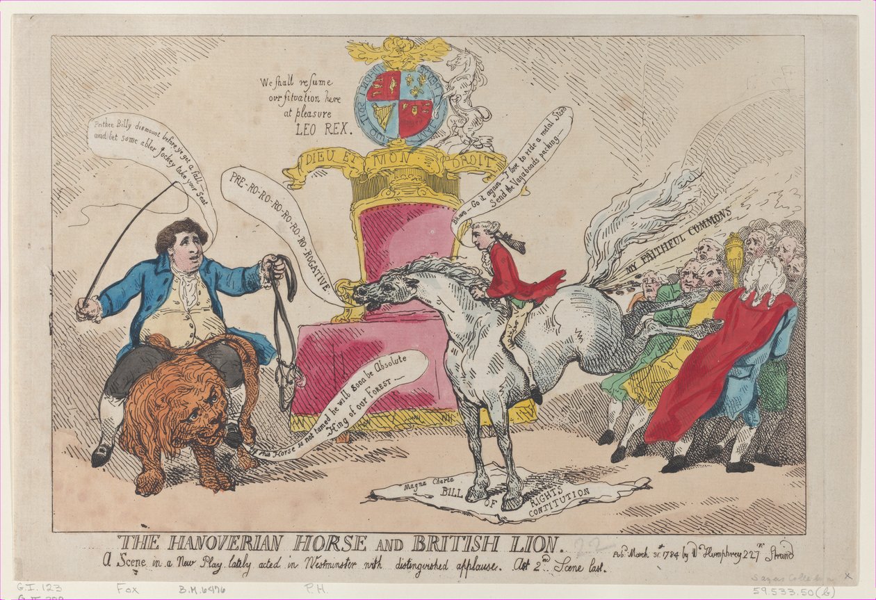 Hannoverin hevonen ja brittiläinen leijona, 31. maaliskuuta 1784, 31. maaliskuuta 1784. tekijältä Thomas Rowlandson