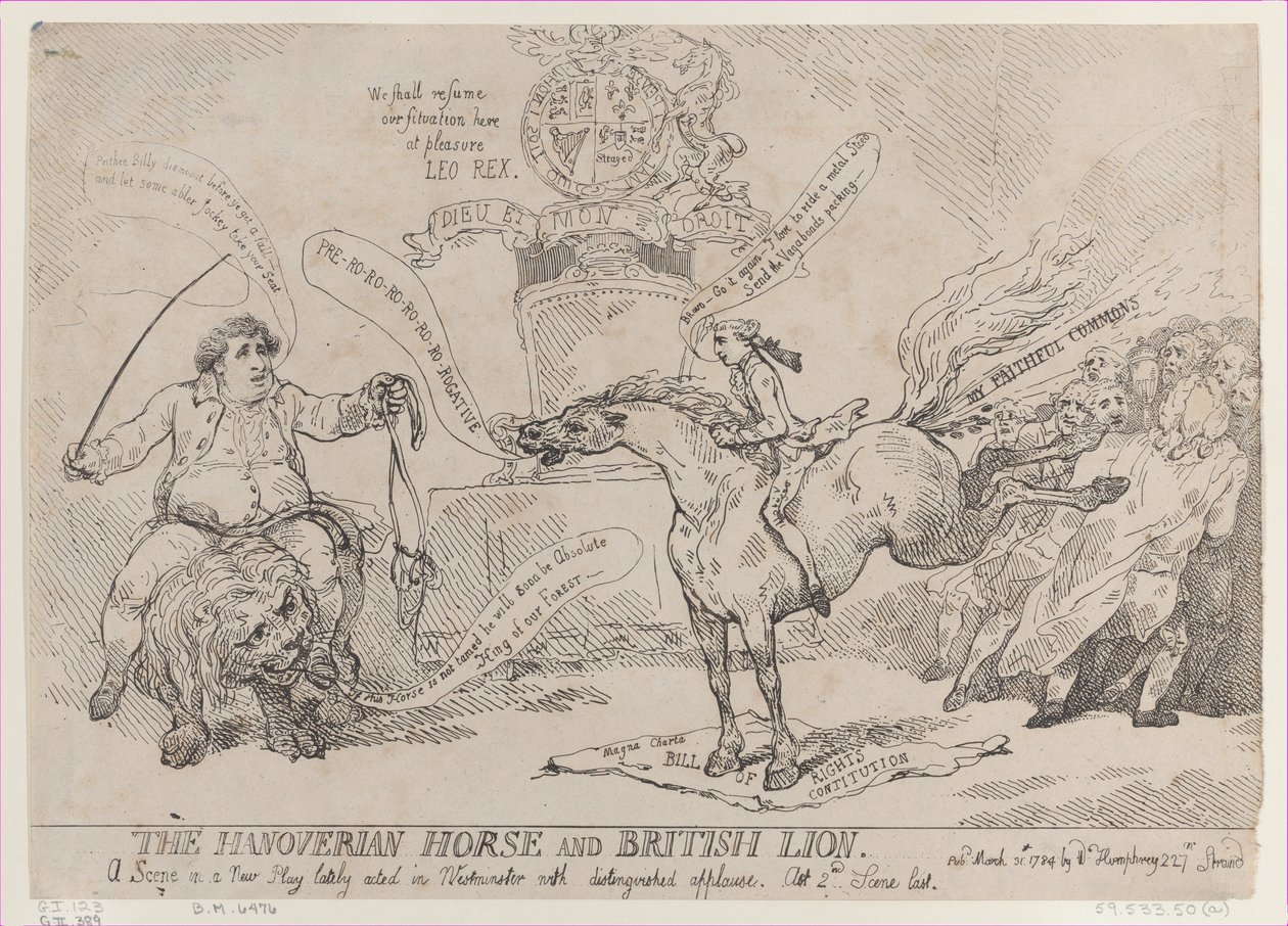 Hannoverin hevonen ja brittiläinen leijona, 31. maaliskuuta 1784, 31. maaliskuuta 1784. tekijältä Thomas Rowlandson