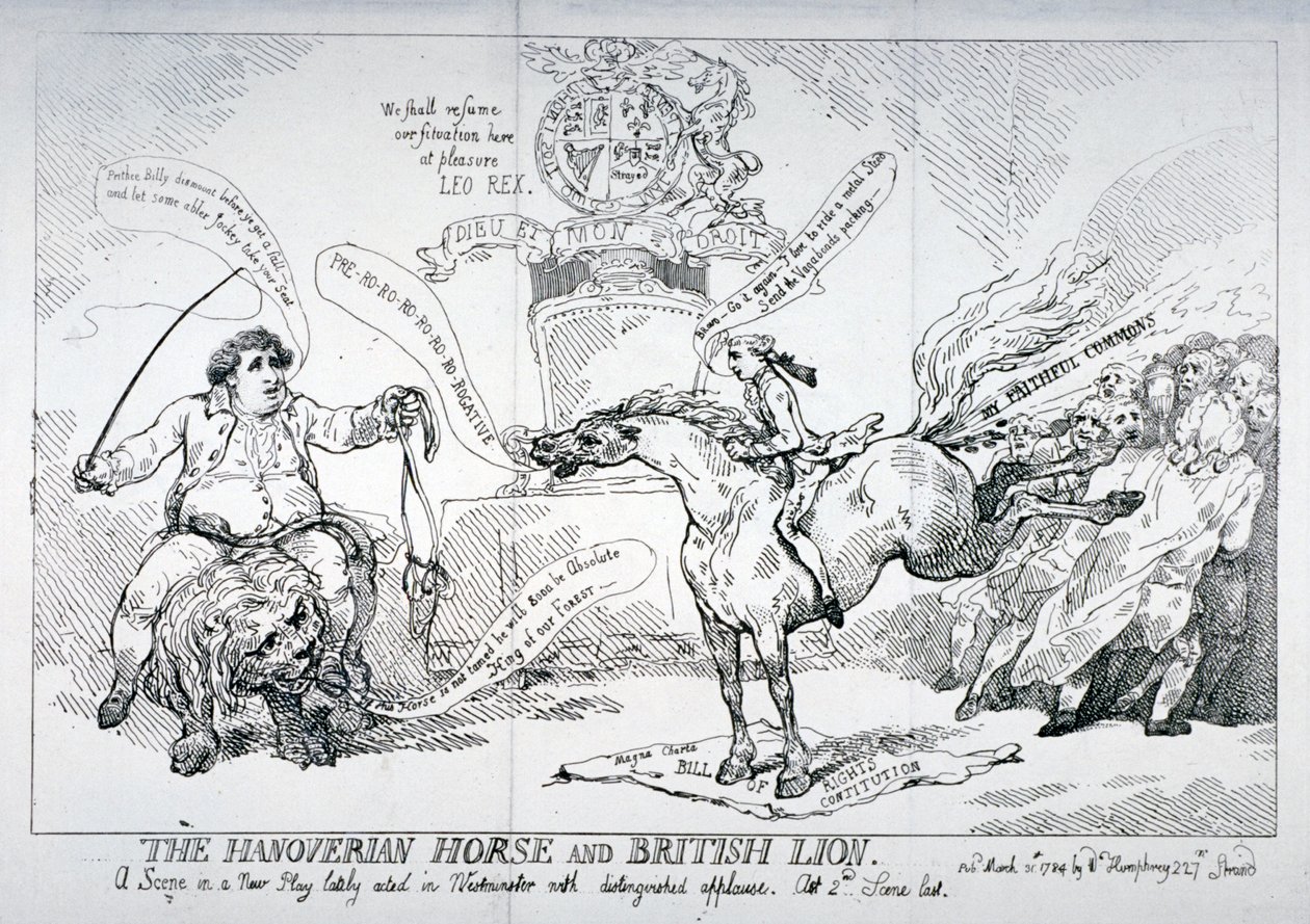 "Hannoverihevonen ja brittiläinen leijona", 1784 tekijältä Thomas Rowlandson
