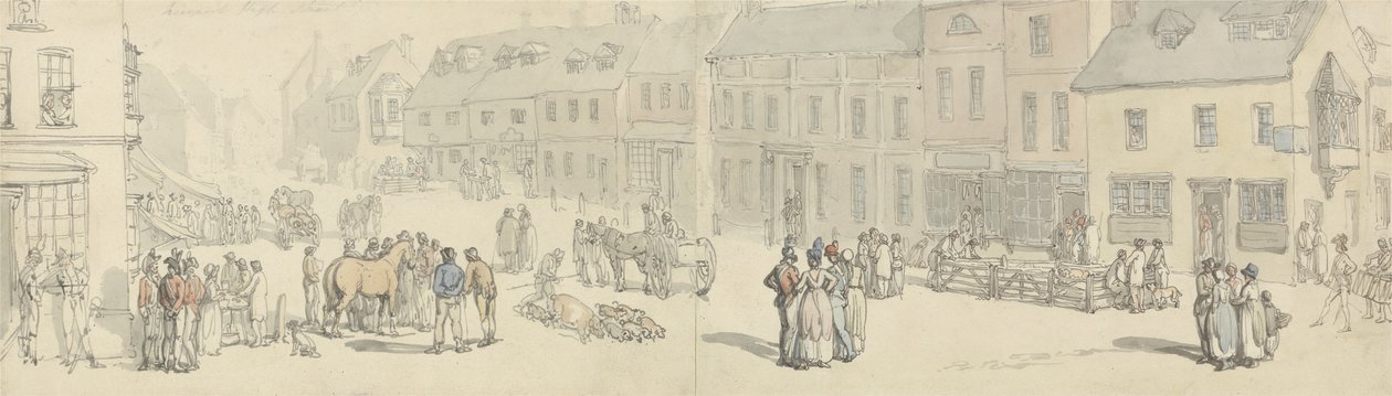 The High Street on Market Day, Newport, Isle of Wight, n. 1797-1800 (kynä & muste ja wc paperilla) tekijältä Thomas Rowlandson