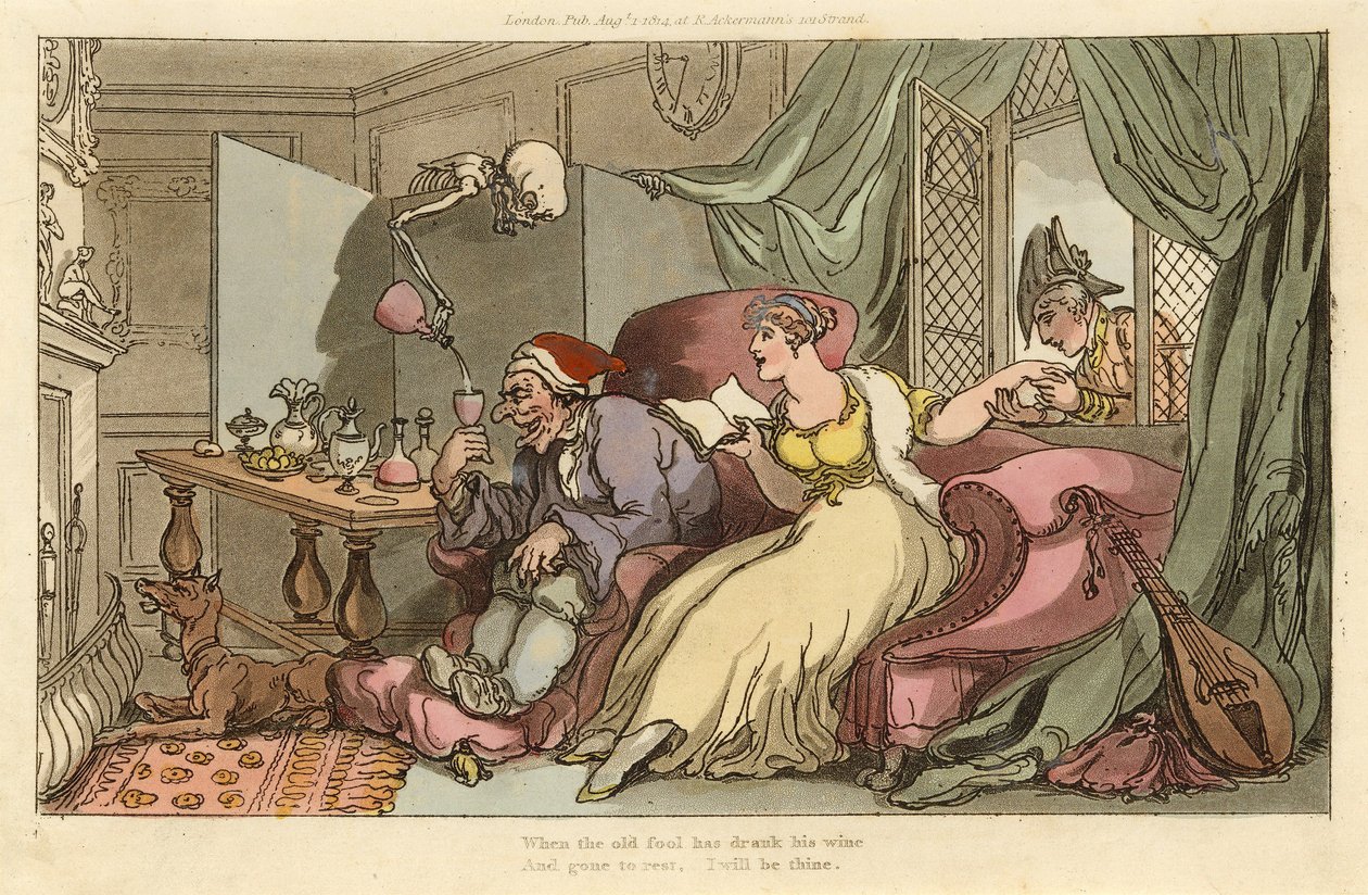 The Honeymoon, The English Dance of Death -pubista. 1816 (käsinvärinen kaiverrus) tekijältä Thomas Rowlandson