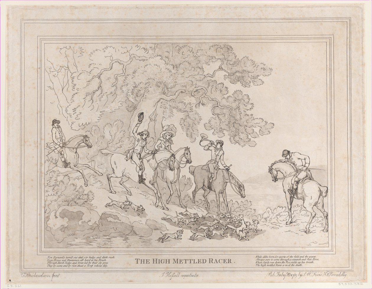 Metsästäjä kirjasta Kilpahevosen elämä tai korkeatasoinen kilpailija, 20. heinäkuuta 1789, 20. heinäkuuta 1789 tekijältä Thomas Rowlandson