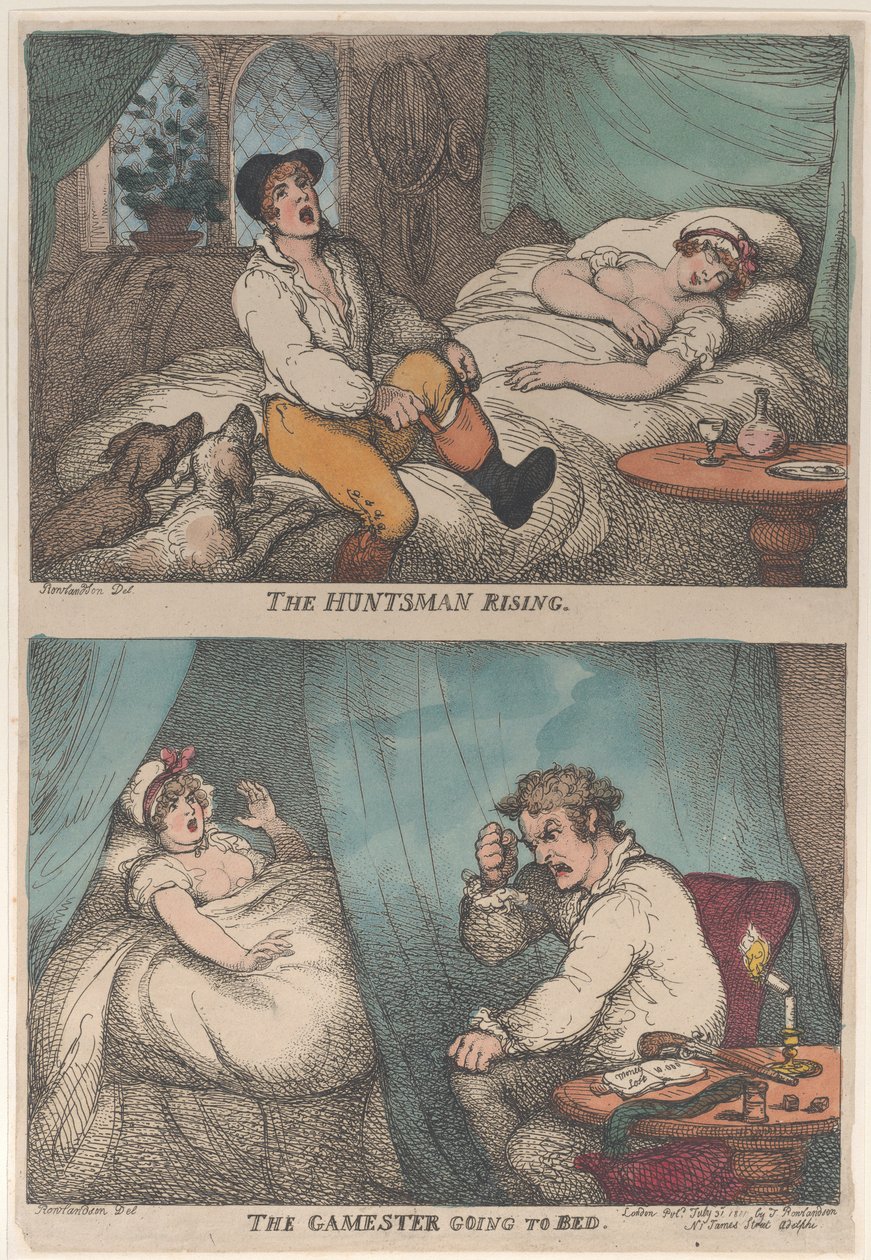 The Huntsman Rising, The Gamemester Going to Bed, [31. heinäkuuta 1809],..., [31. heinäkuuta 1809], julkaistu uudelleen 1811. tekijältä Thomas Rowlandson