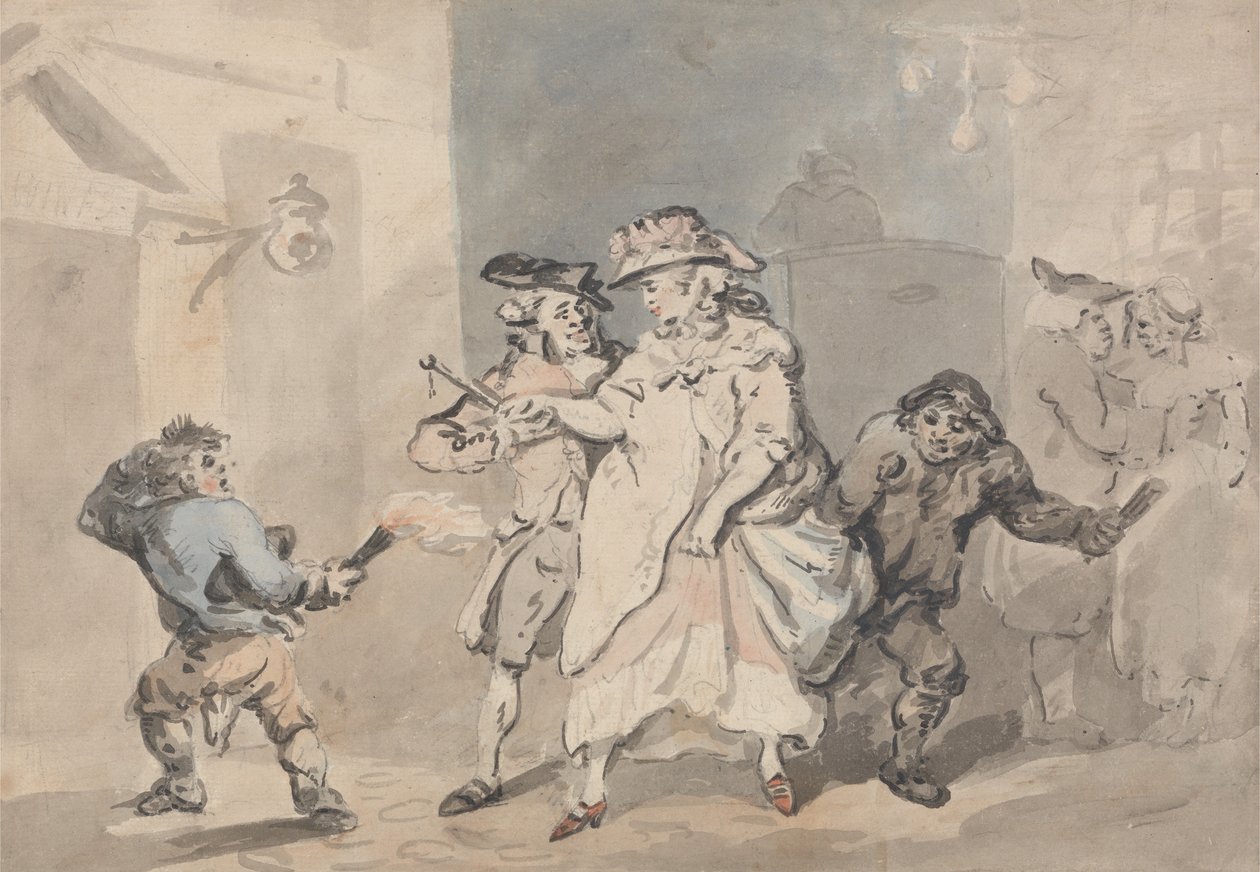 Majatalon ovi (Mies, jota kaksi linkkipoikaa saattavat vasemmalla olevaan oveen) tekijältä Thomas Rowlandson