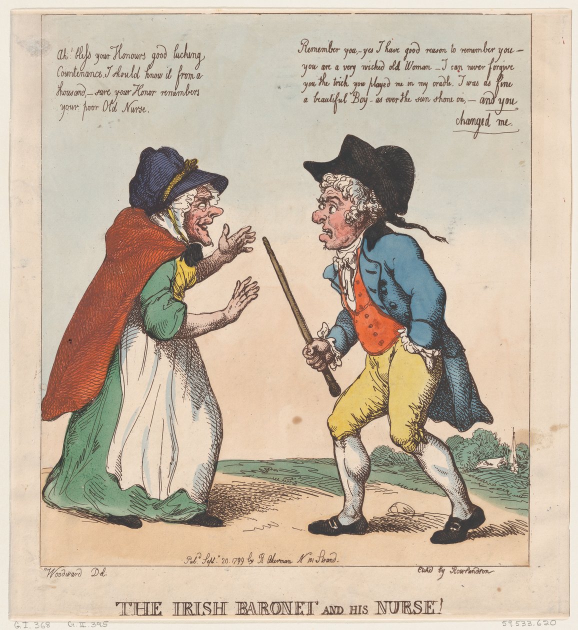 Irlantilainen Baronet ja hänen sairaanhoitajansa, 20. syyskuuta 1799, 20. syyskuuta 1799. tekijältä Thomas Rowlandson