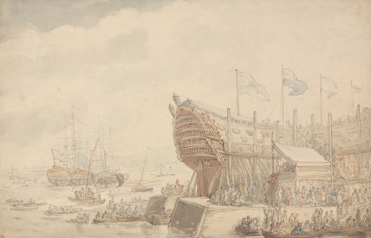 H.M.S. ”Hibernia” -aluksen vesillelasku vuonna 1804 tekijältä Thomas Rowlandson