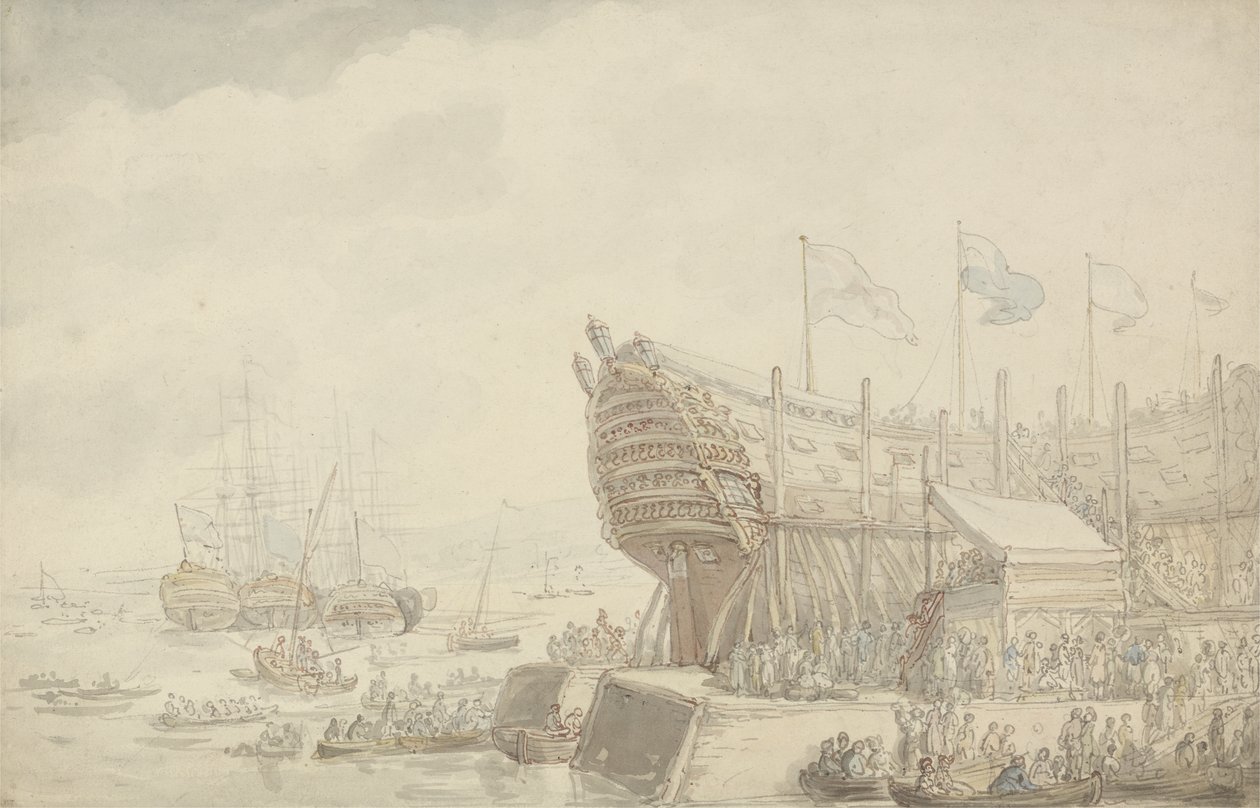 H.M.S. "Hibernia" Devonportissa, n. 1804 (kynä & muste ja akvarelli paperille) tekijältä Thomas Rowlandson