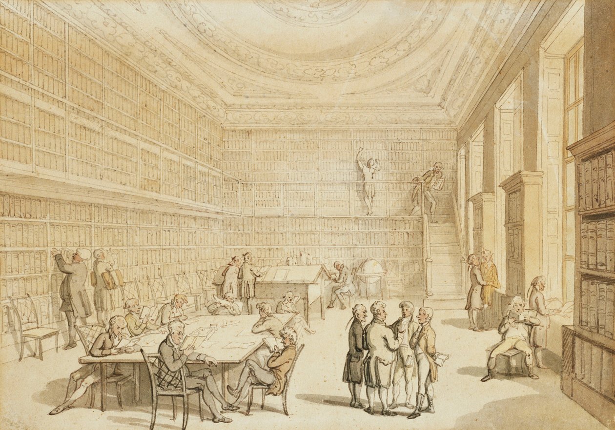 Royal Institutionin kirjasto, Albemarle Street, tekijältä Thomas Rowlandson