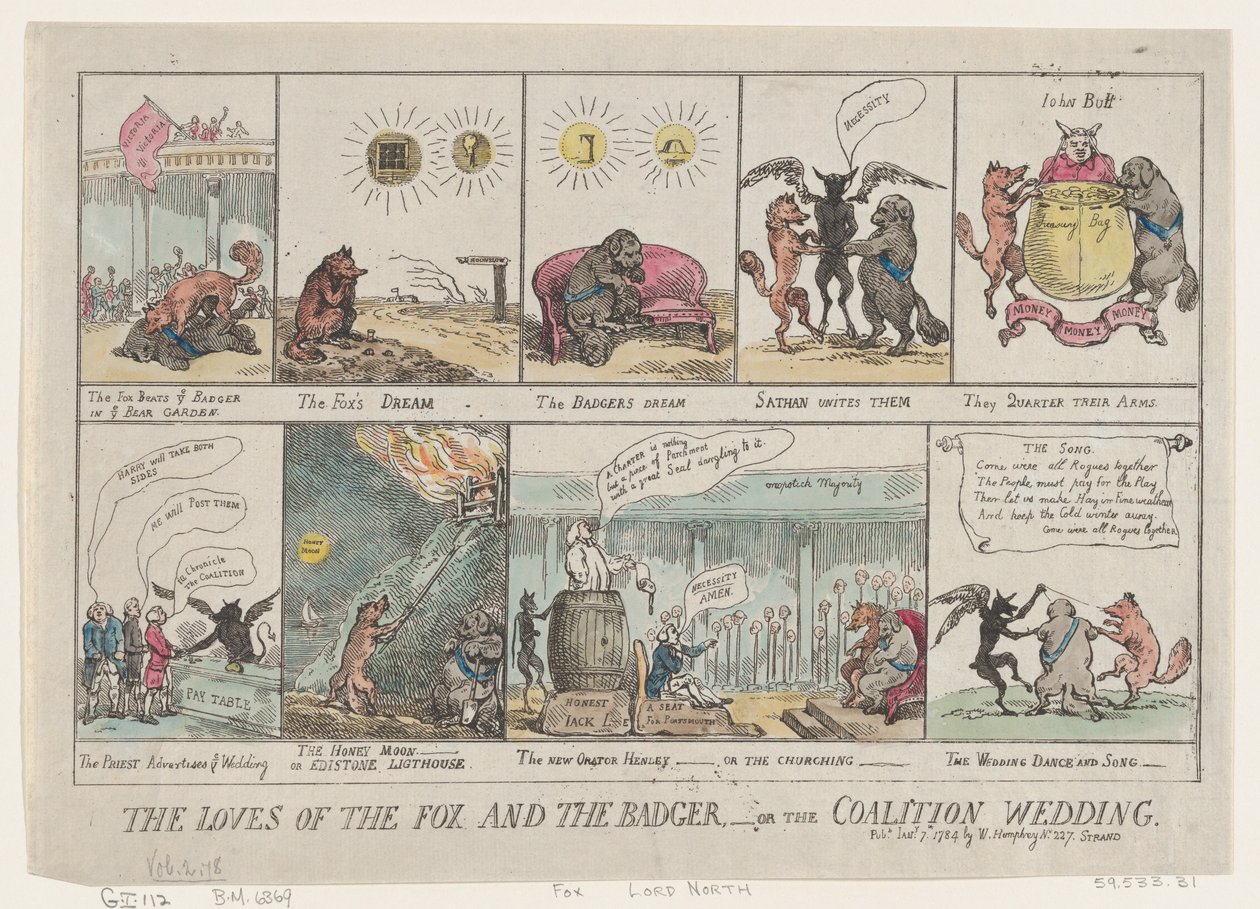 Ketun ja mäyrän rakkaudet tai Koalition häät. , 7. tammikuuta 1784, 7. tammikuuta 1784. tekijältä Thomas Rowlandson