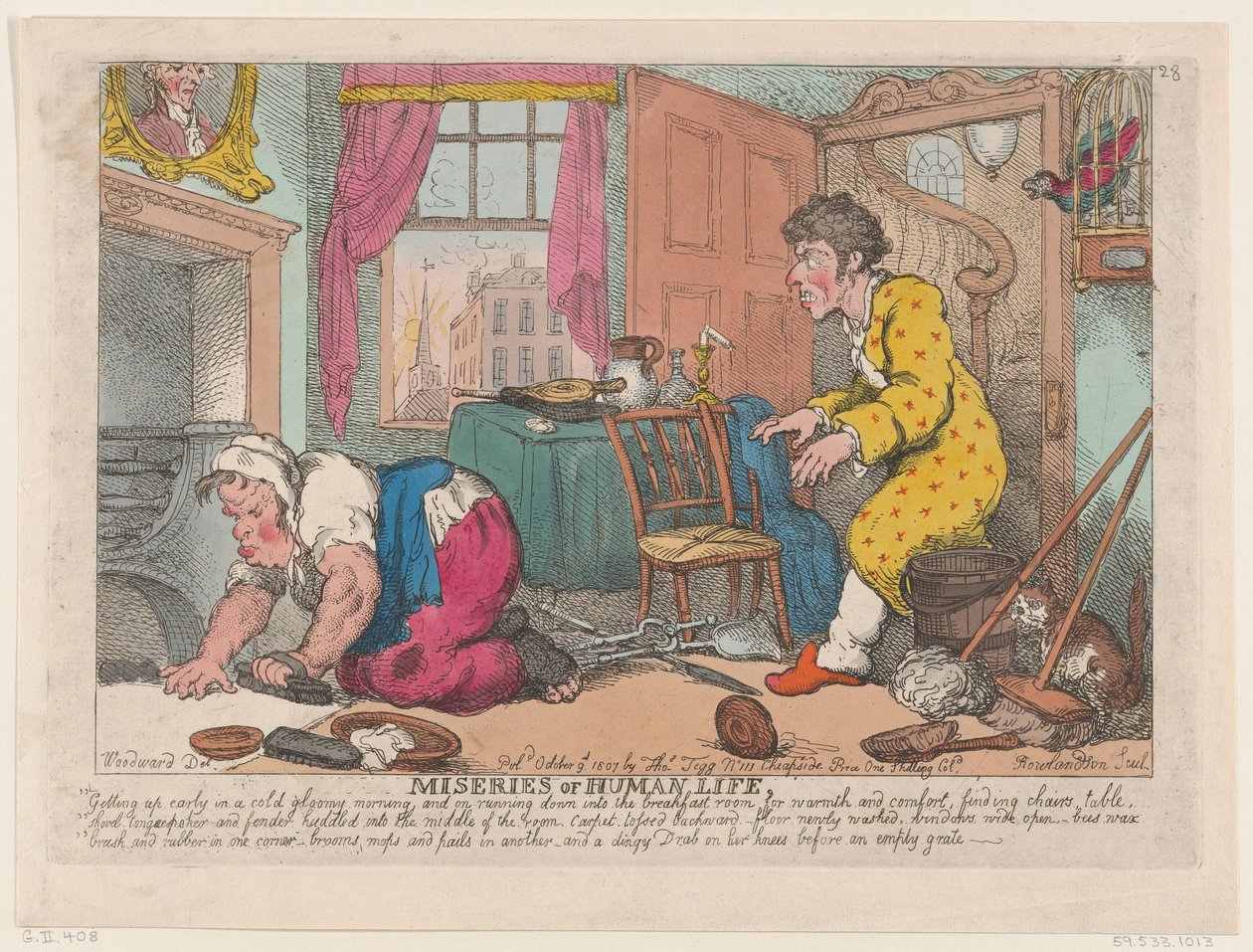 Ihmiselämän kurjuudet: Varhain nouseminen kylmänä synkänä aamuna...ennen..., 9. lokakuuta 1807. tekijältä Thomas Rowlandson