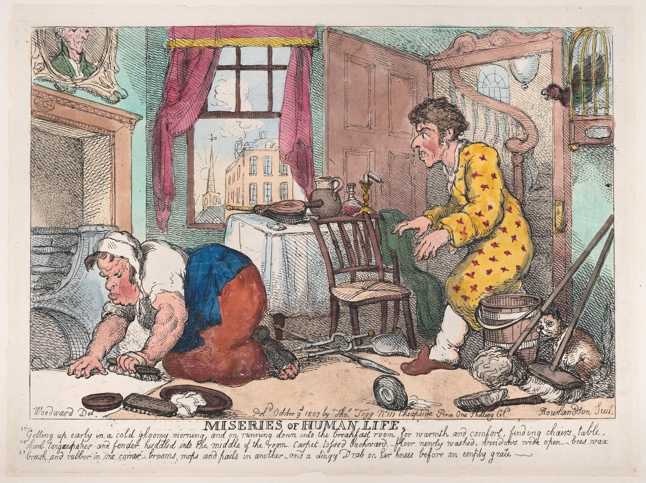 Ihmiselämän kurjuudet: Varhain nouseminen kylmänä synkänä aamuna...ennen..., 9. lokakuuta 1807. tekijältä Thomas Rowlandson