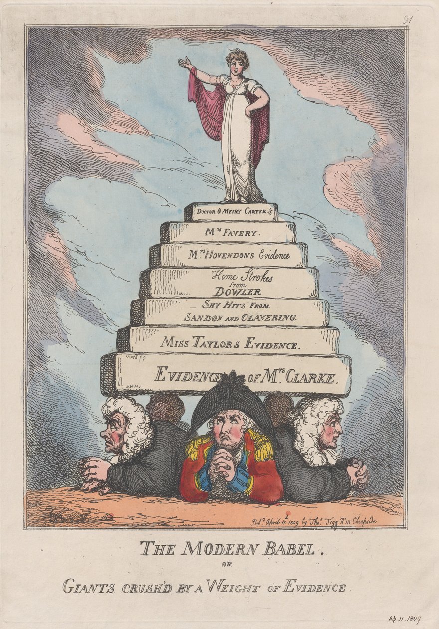 Moderni Babel eli jättiläiset murskatut todisteiden painosta, 11. huhtikuuta 1809., 11. huhtikuuta 1809. tekijältä Thomas Rowlandson