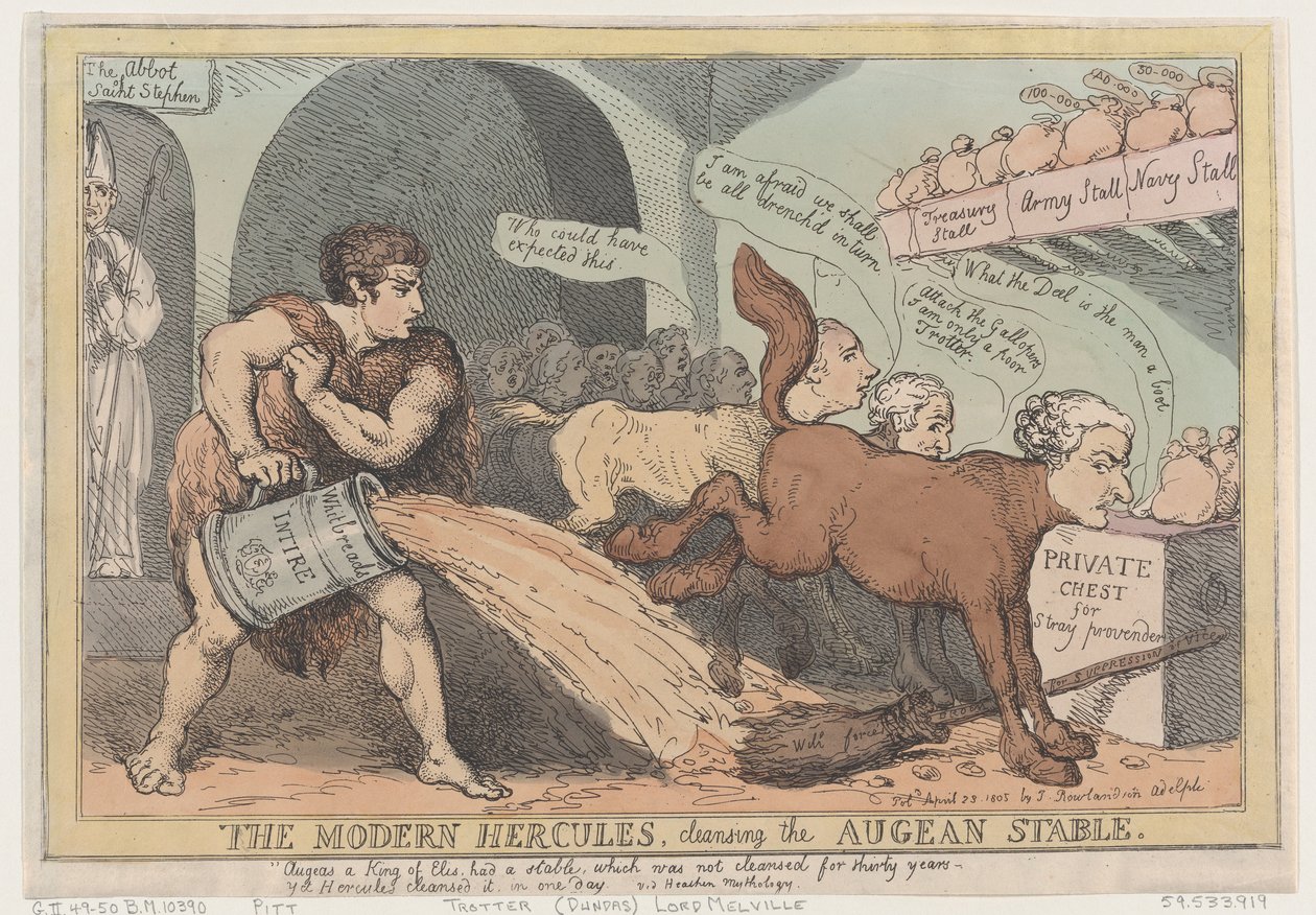 The Modern Hercules, Cleaning the Augean Stable, 23. huhtikuuta 1805., 23. huhtikuuta 1805. tekijältä Thomas Rowlandson
