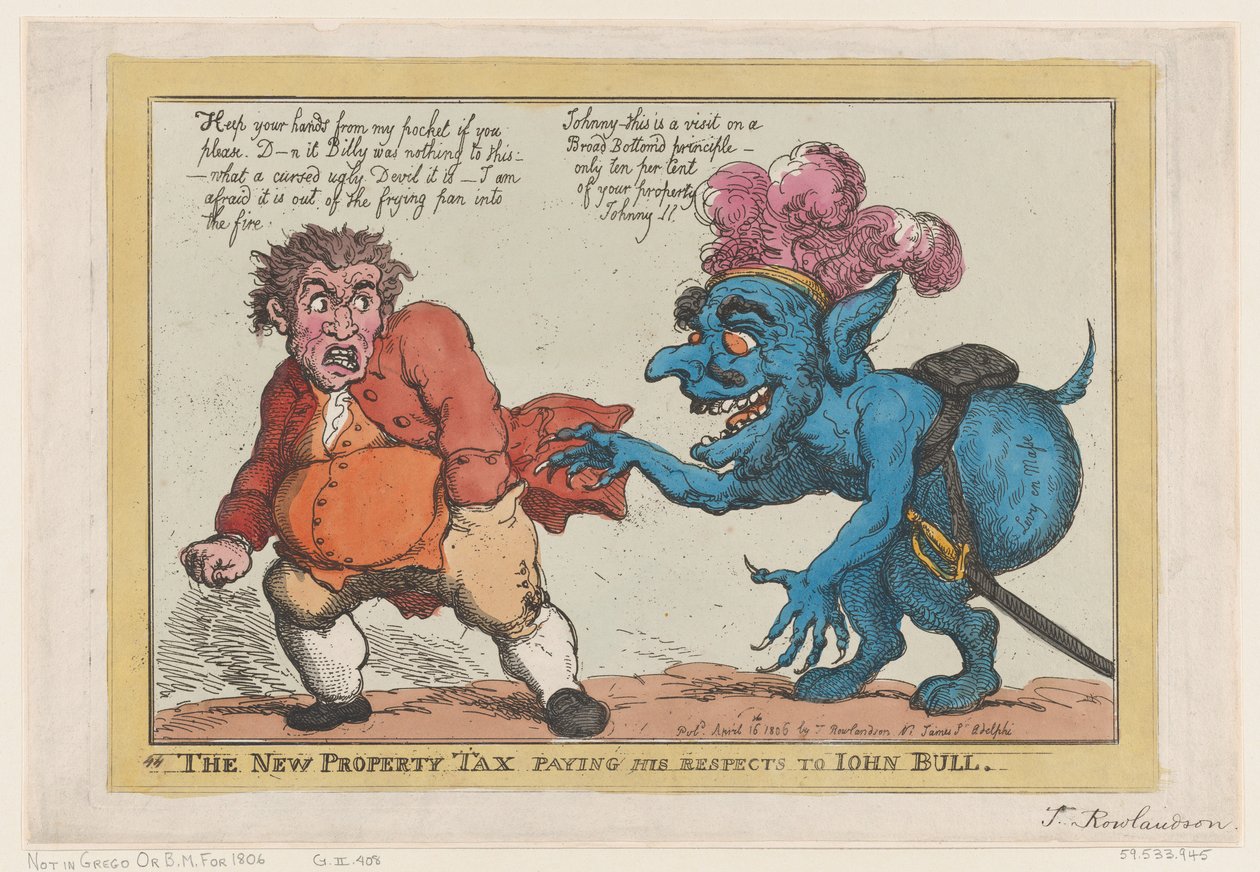 The New Property Tax Paying His Respects To John Bull, 16. huhtikuuta 1806., 16. huhtikuuta 1806. tekijältä Thomas Rowlandson