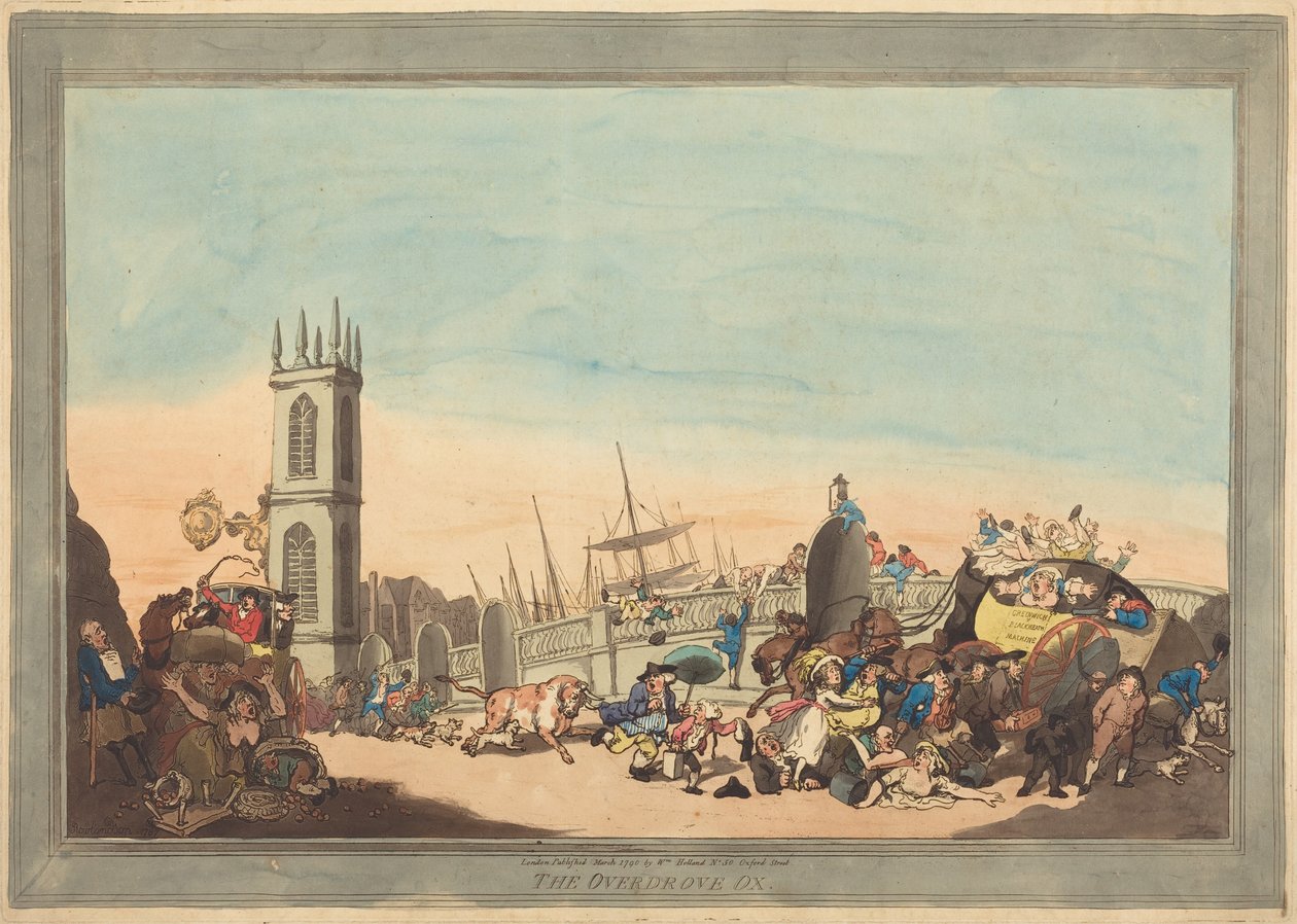 Ylikierroksilla käyvä härkä tekijältä Thomas Rowlandson