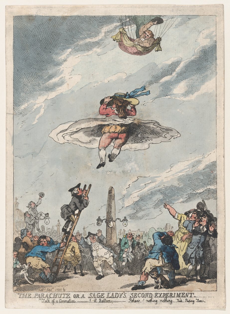 Laskuvarjo tai viisaan naisen toinen koe, syyskuu 1785, syyskuu 1785. tekijältä Thomas Rowlandson