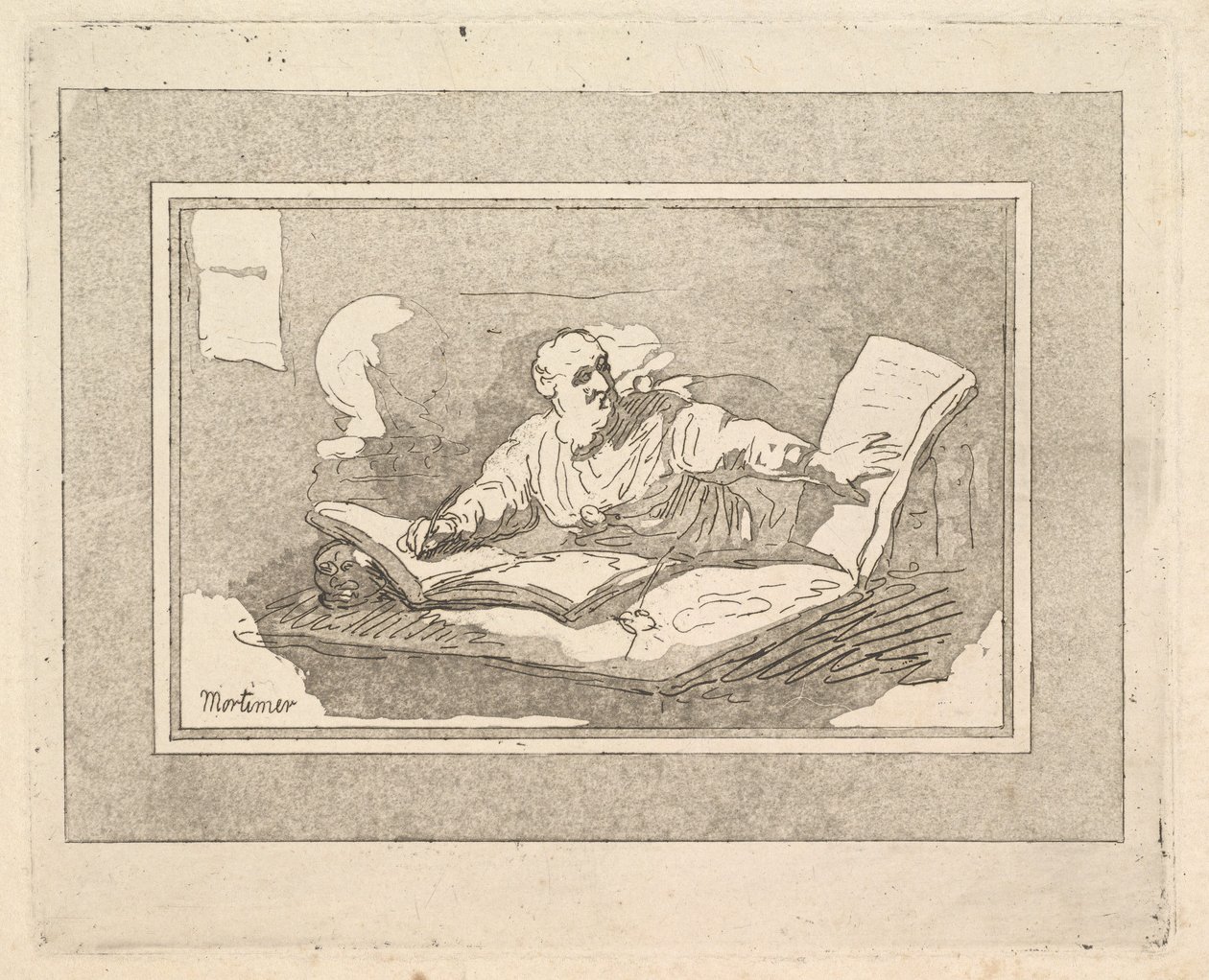 Filosofi parrakas vanha mies kopioi kirjaa, 1783-87. tekijältä Thomas Rowlandson