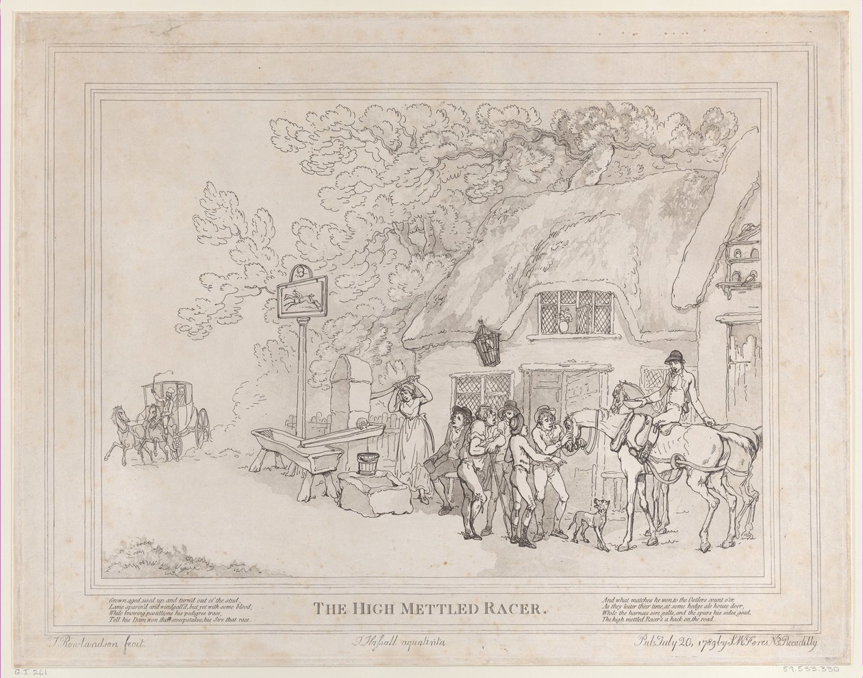 Postihevonen Kilpahevosen elämästä, eli The High-Mettled Racer, 20. heinäkuuta..., 20. heinäkuuta 1789 tekijältä Thomas Rowlandson