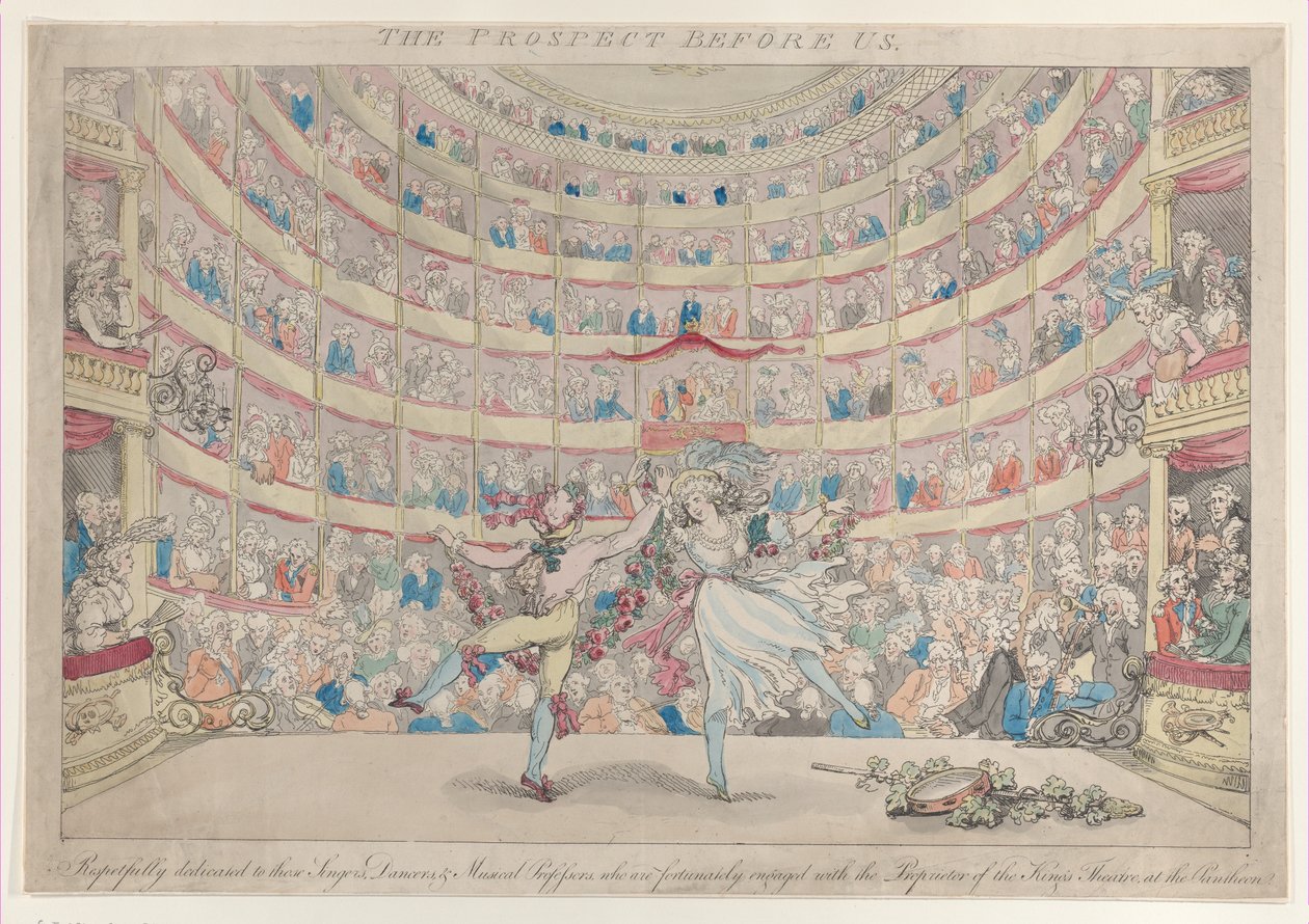 The Prospect Before Us, kunnioittavasti omistettu niille laulajille, tanssijoille ja mu..., 13. tammikuuta 1791. tekijältä Thomas Rowlandson