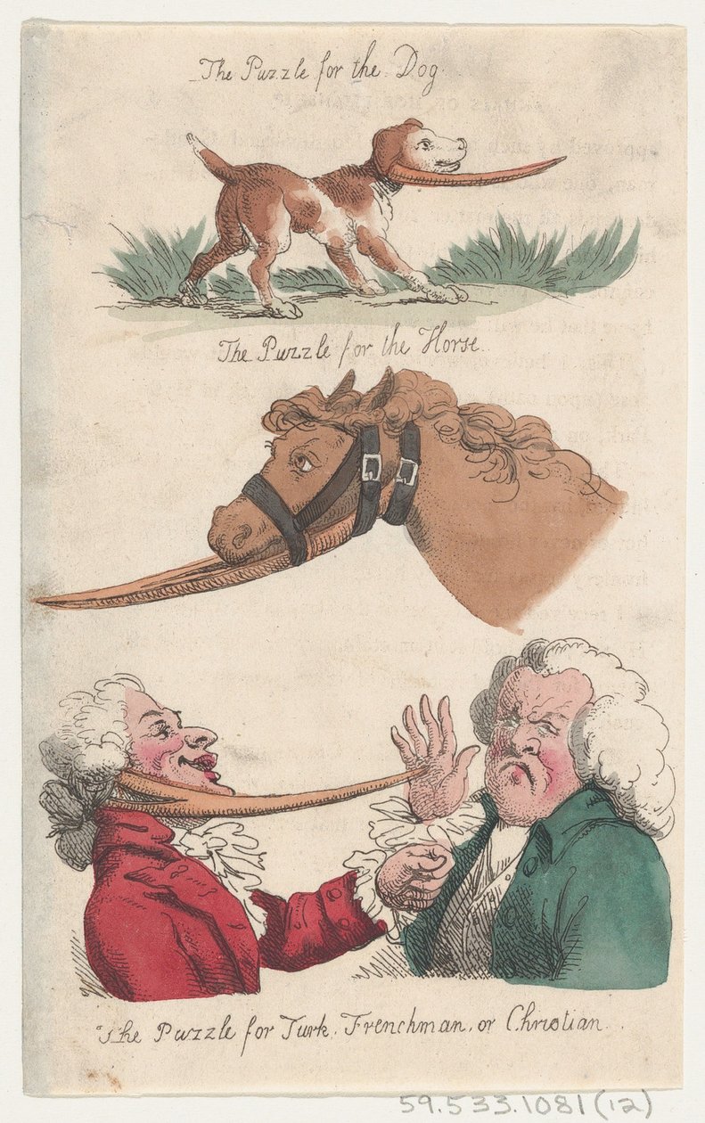 Palapeli koiralle, palapeli hevoselle, palapeli Turkille, ranskalaiselle tai Chrisille..., 1808. tekijältä Thomas Rowlandson