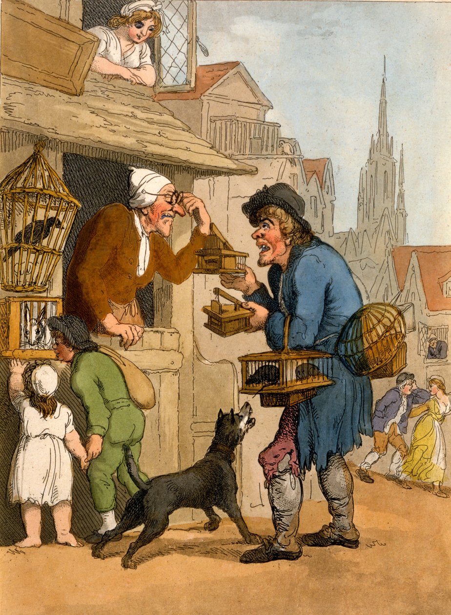 The Rat Trap Seller from Cries of London, 1799 (käsinvärinen akvatinta) tekijältä Thomas Rowlandson