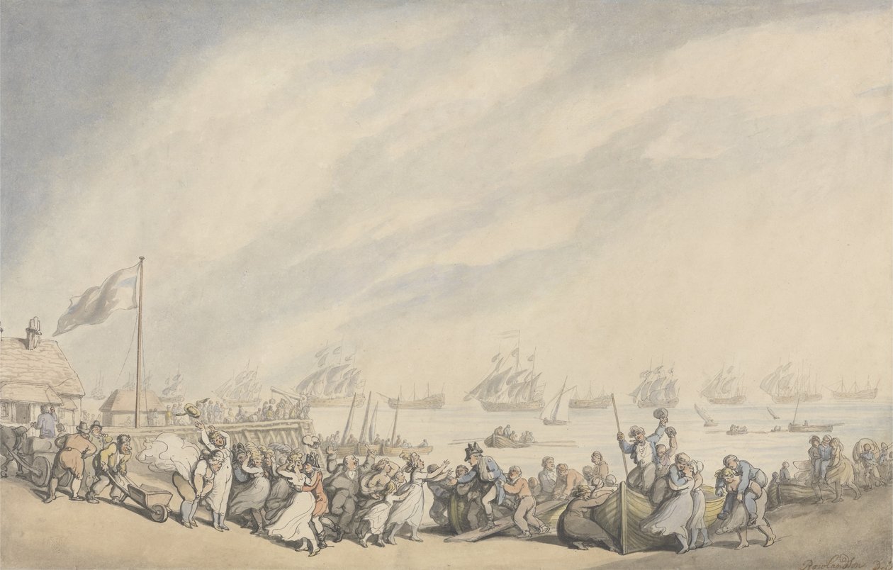Laivaston paluu Great Yarmouthiin hollantilaisten tappion jälkeen vuonna 1797, noin 1797 (kynä ja muste ja akvarelli paperille) tekijältä Thomas Rowlandson