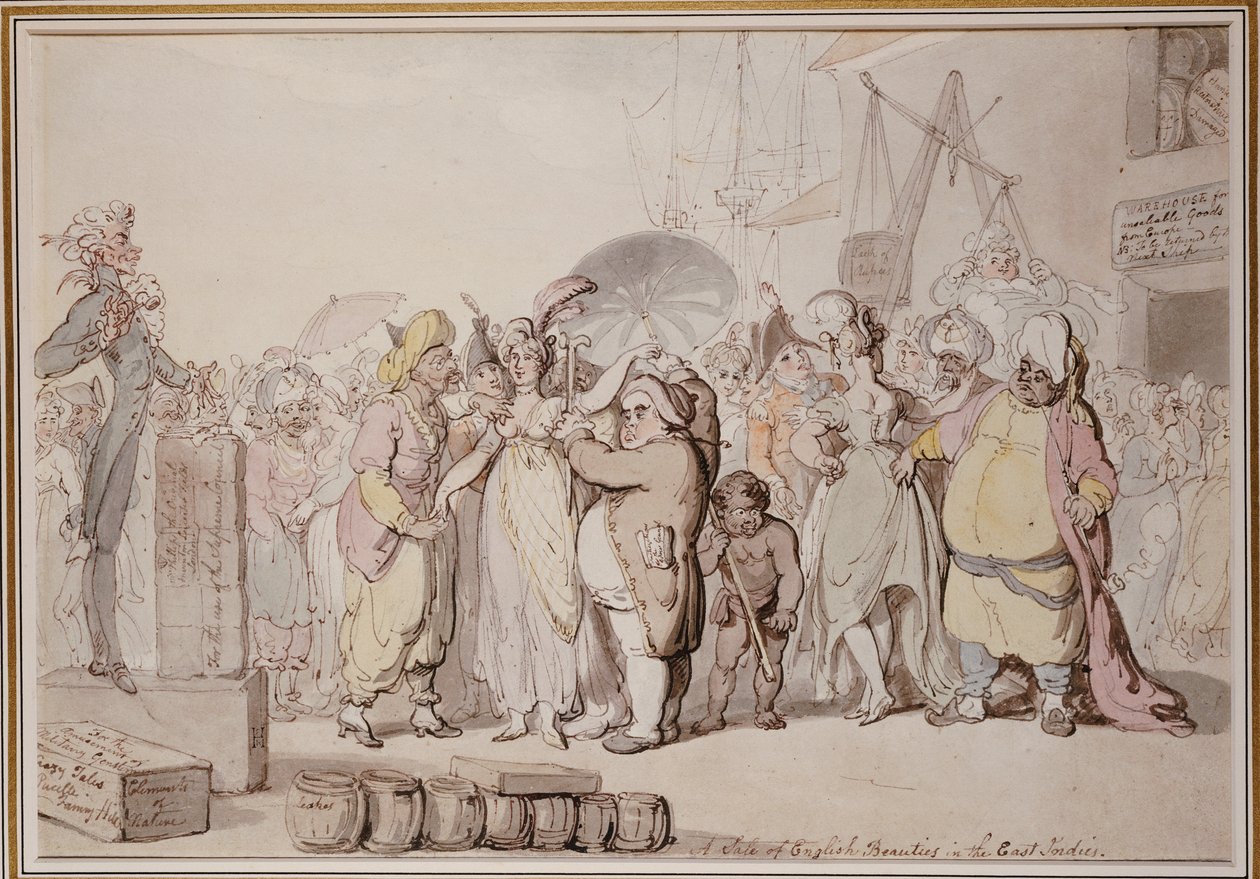 Englantilaisten kaunokaisten myynti Itä-Intiassa, n. 1810 tekijältä Thomas Rowlandson