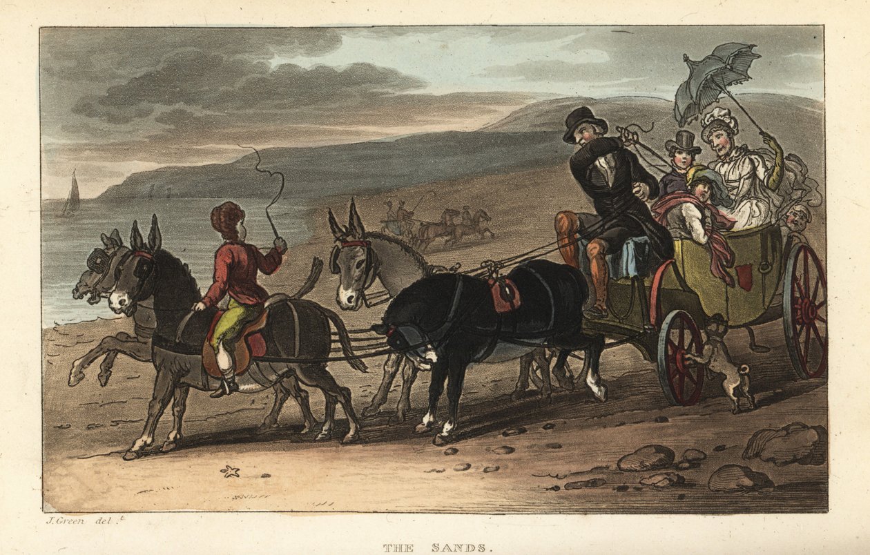 The Sands: turistit aasien piirtämässä barossissa rannalla. Thomas Rowlandsonin käsinvärinen kuparikaiverrus J. Greenin luonnoksen jälkeen teoksesta Poetical Sketches of Scarborough, Ackermann, Lontoo tekijältä Thomas Rowlandson