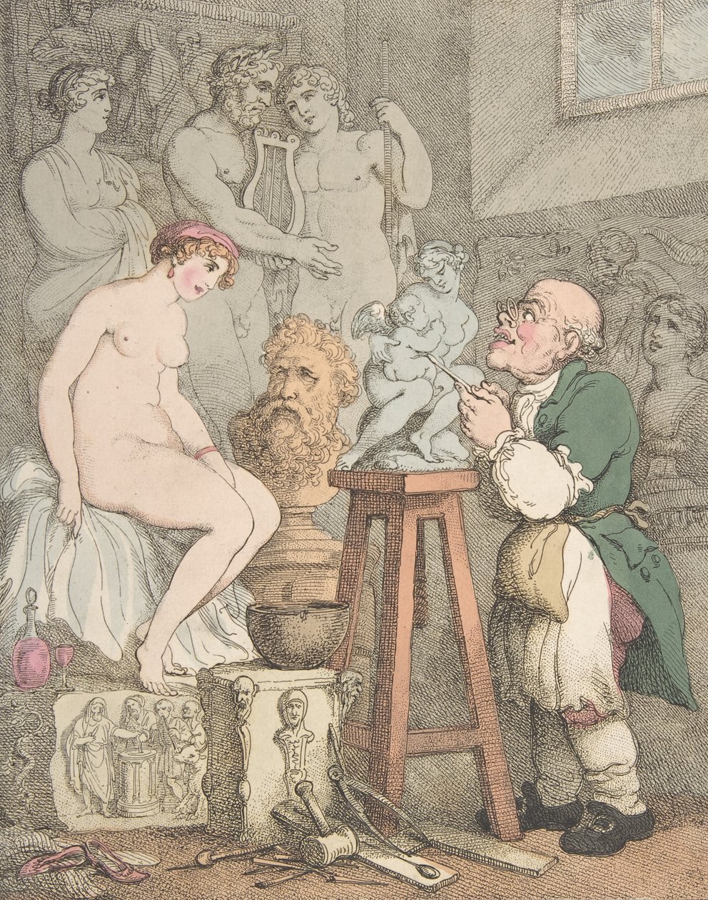 Kuvanveistäjä [Akatemian valmistelut, Vanha Joseph Nollekens ja hänen Venus], n. 1800, n. 1800 tekijältä Thomas Rowlandson