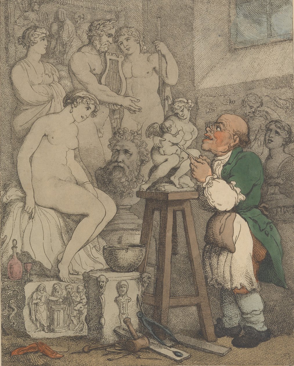 Kuvanveistäjä [Akatemian valmistelut, Vanha Joseph Nollekens ja hänen Venus], n. 1800, n. 1800 tekijältä Thomas Rowlandson